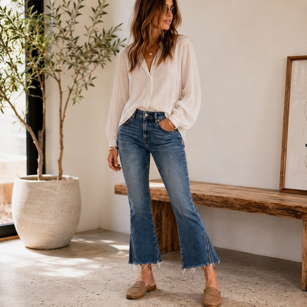 Free People Rita Crop Flare Jeans 26 Blue Raw Hem Split Leg Stretch Denim
